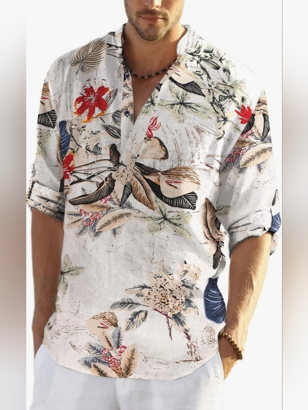 Men's White Floral Button-Down Casual Shirt